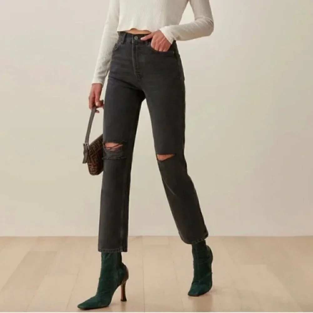 Reformation Jeans Womens 28 Black High Rise Distressed Straight Leg Button Fly